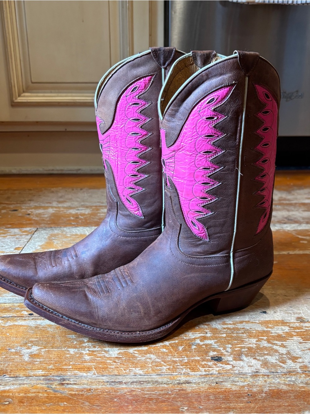 Johnny Ringo Womens 7.5B Brown Leather Patent Pink Eagle Inlay Western Boots